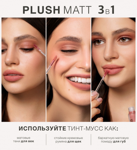 LIUXVISAGE  PLUSH MATT Тинт-мусс 3 в 1 для губ, щек и век (301 Rosy Rose)